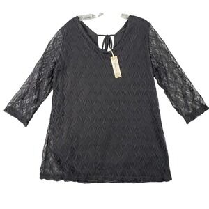 Araxa 3X Black Lace Overlay‎ Boho Top Tassel V-Neck Sheer Sleeve Whimsigoth NWT
